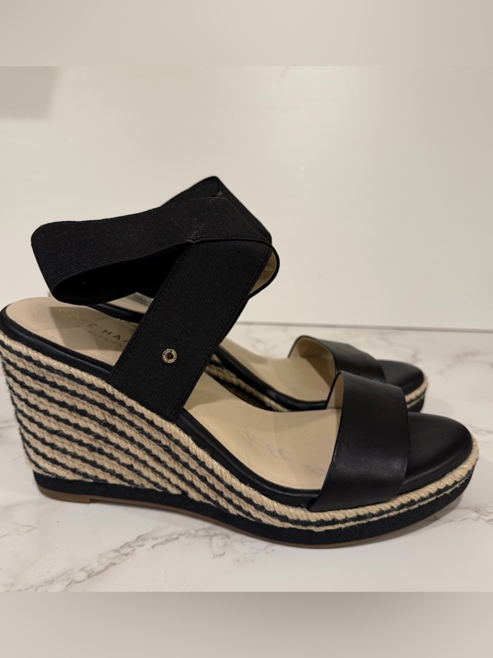 Cole Haan Cloudfeel Black Espadrille Wedge Sandals with Elastic Ankle Strap 7.5